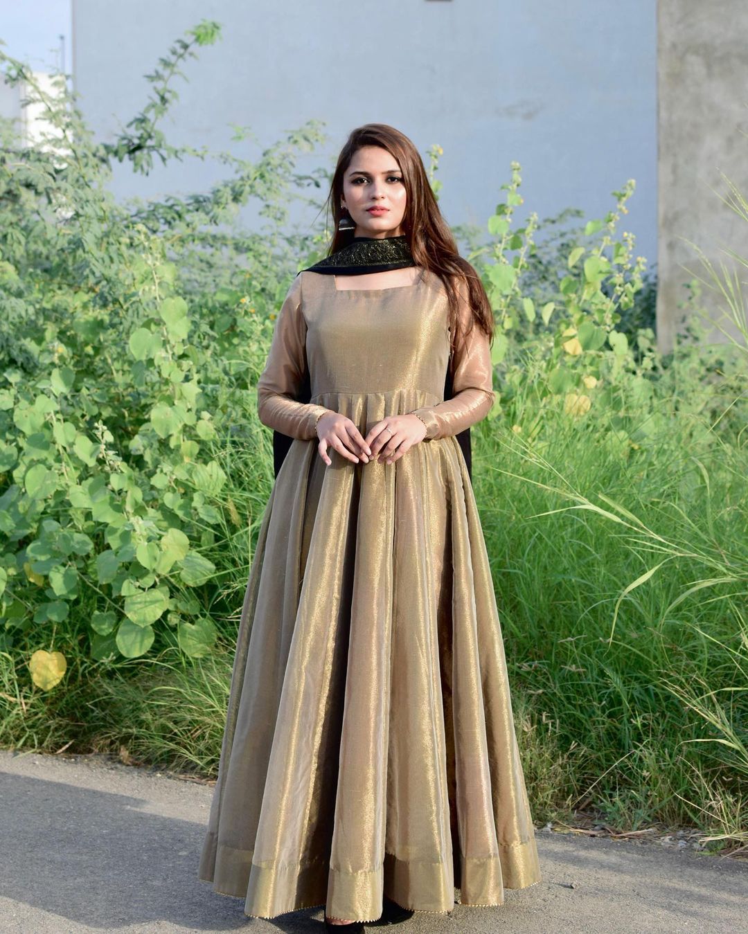 PRESENTING NEW BRONZE GOLD LAMA ANARKALI GOWN DUPPTA SET READY TO WEAR FULLY STTICHED