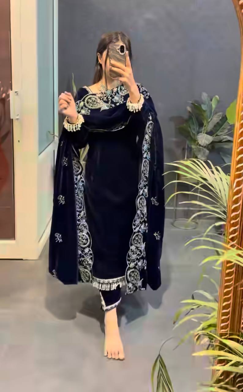Midnight Blue Velvet Embroidered Elegance