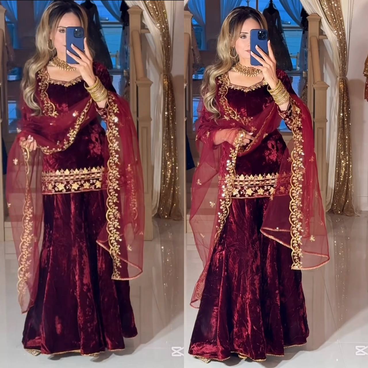 Golden Embroidered Maroon Velvet Elegance