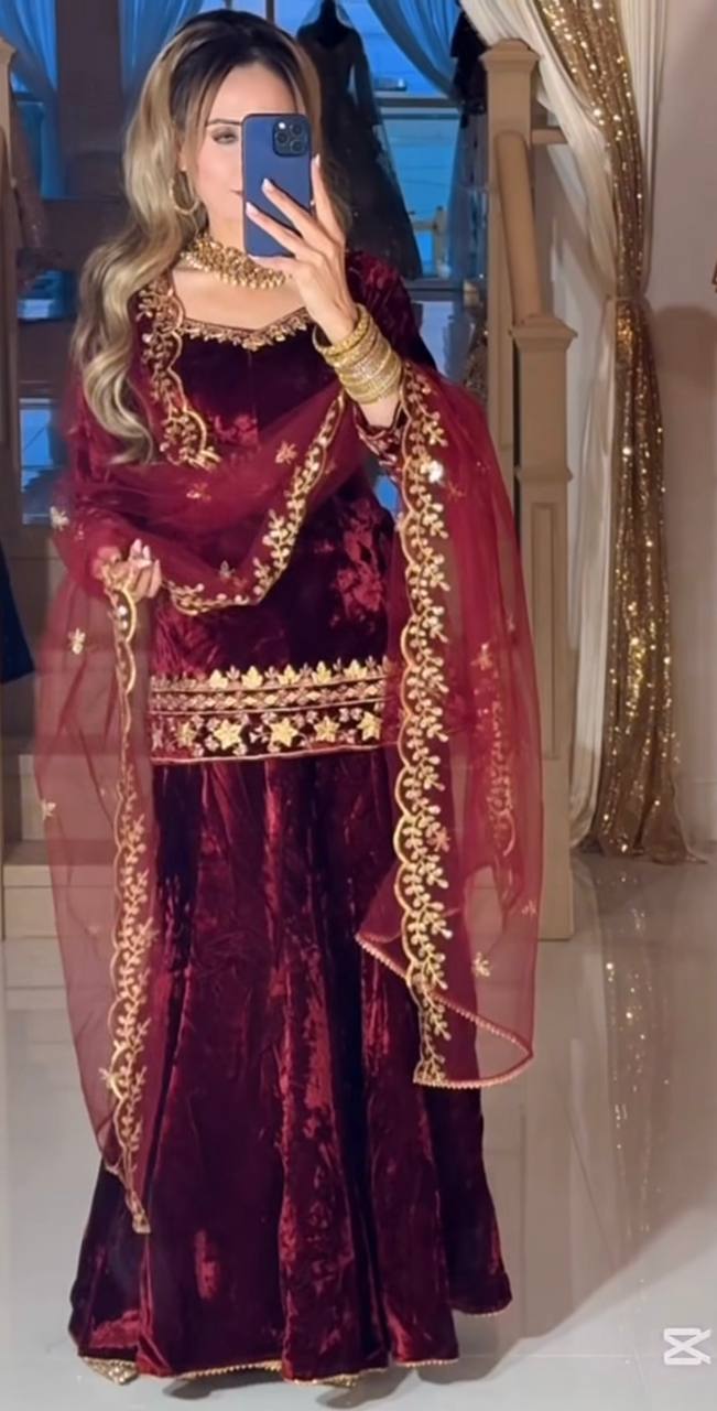 Golden Embroidered Maroon Velvet Elegance