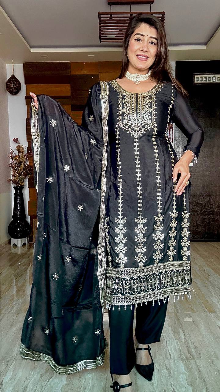 Pure Cinon Top-Pent and Dupatta Set