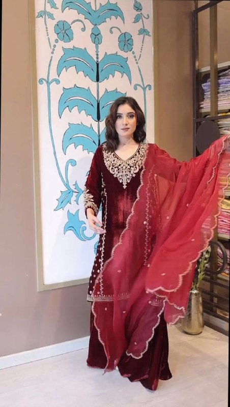 Glamorous Red Velvet Dress with Dupatta