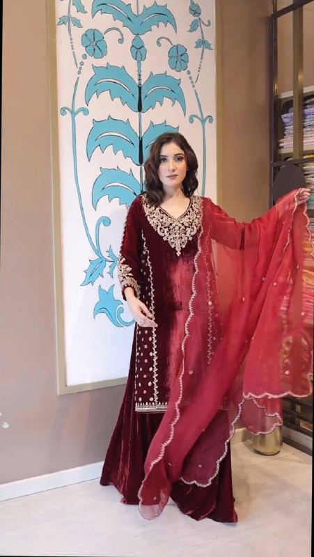 Glamorous Red Velvet Dress with Dupatta