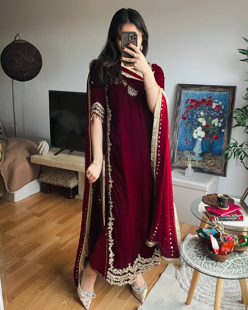 Majestic Maroon Attire with Golden Accents