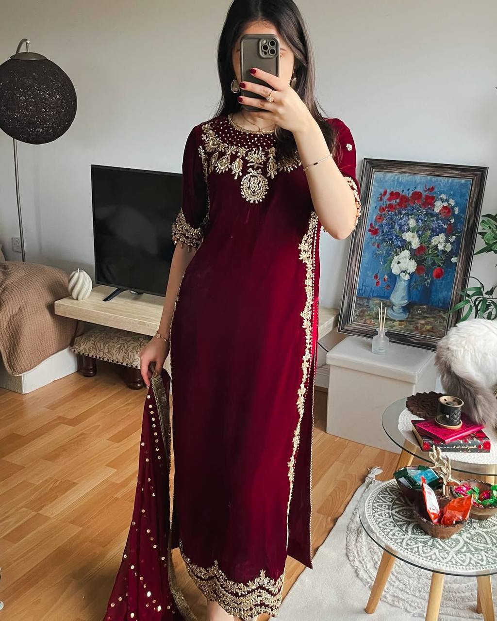 Majestic Maroon Attire with Golden Accents