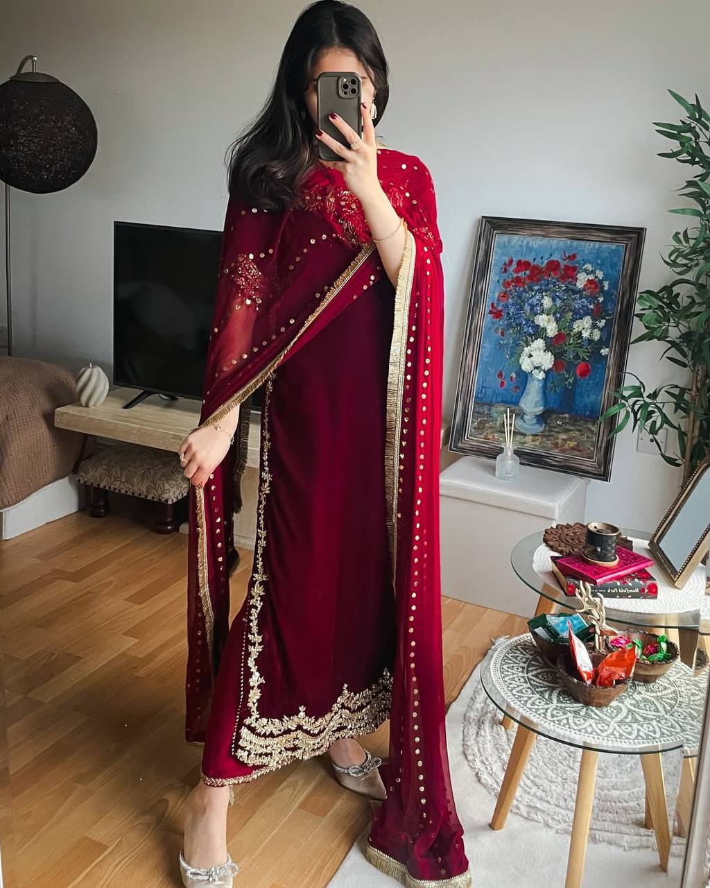 Majestic Maroon Attire with Golden Accents