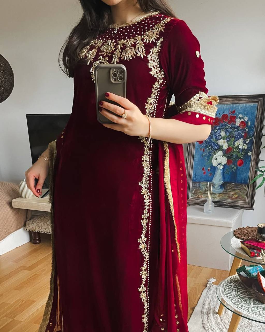 Majestic Maroon Attire with Golden Accents