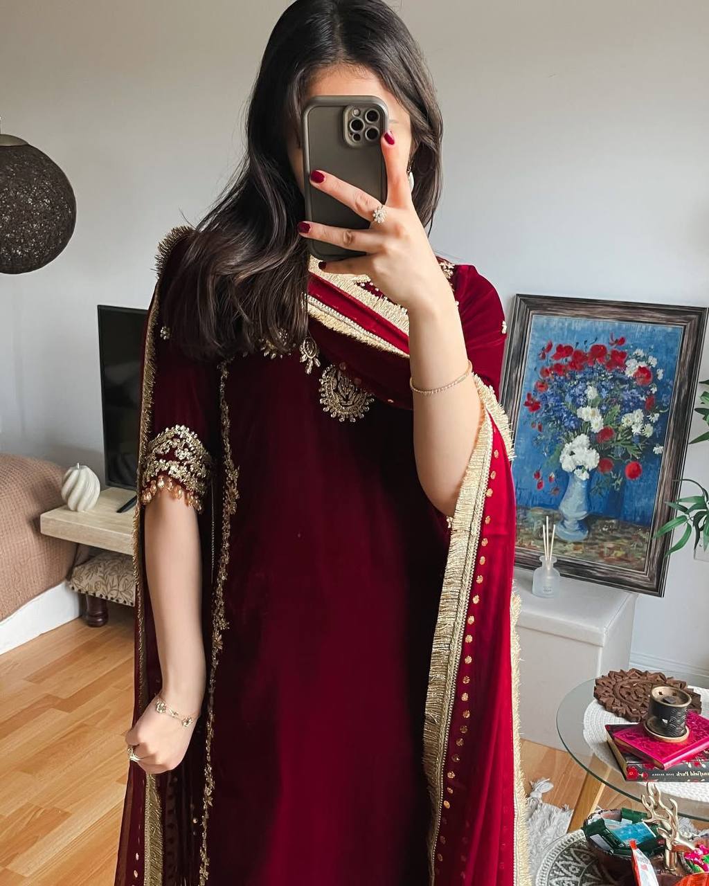 Majestic Maroon Attire with Golden Accents