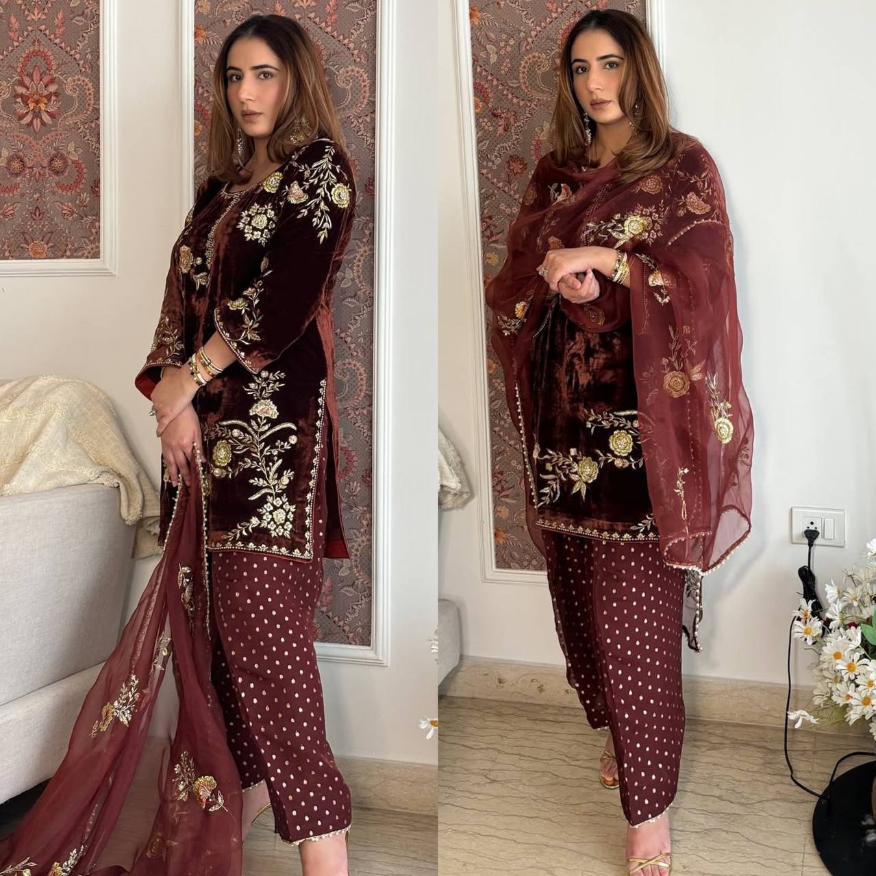 Elegant Maroon Velvet Festive Ensemble