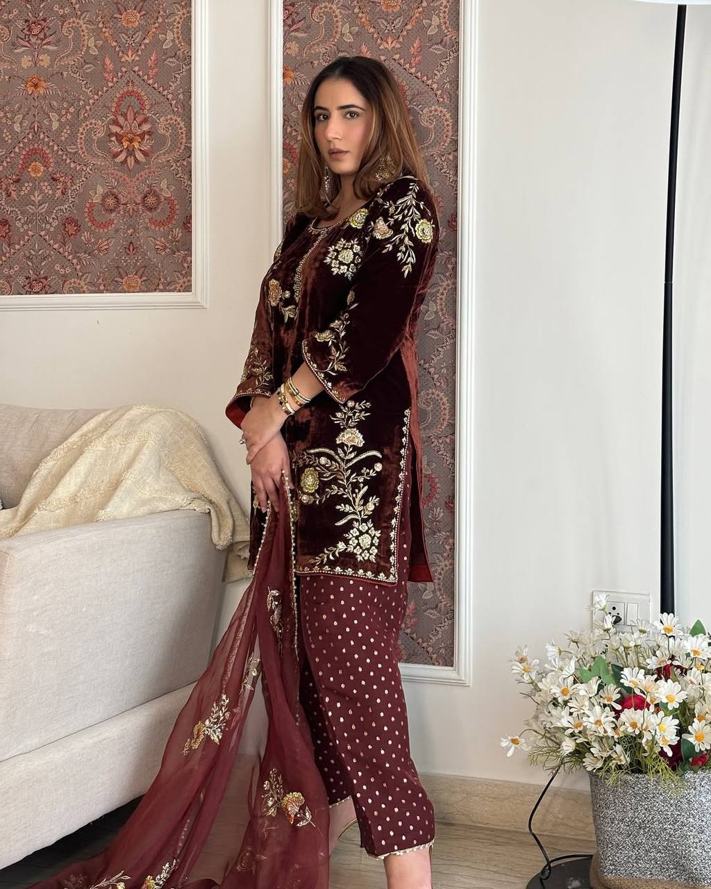 Elegant Maroon Velvet Festive Ensemble