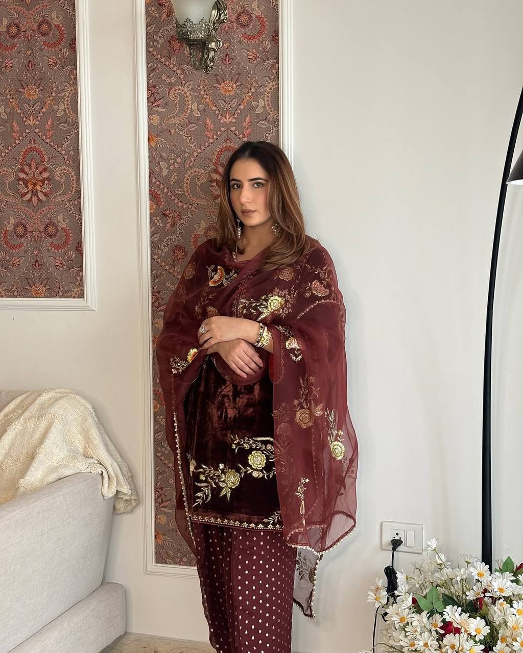 Elegant Maroon Velvet Festive Ensemble