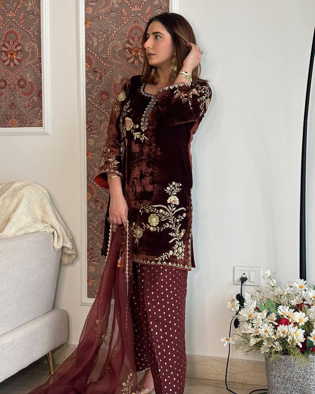 Elegant Maroon Velvet Festive Ensemble