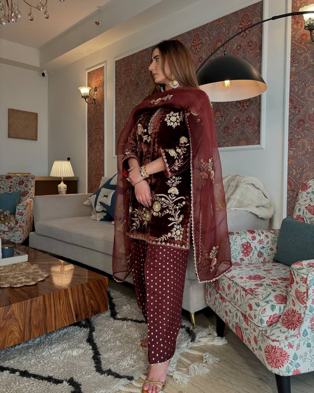 Elegant Maroon Velvet Festive Ensemble