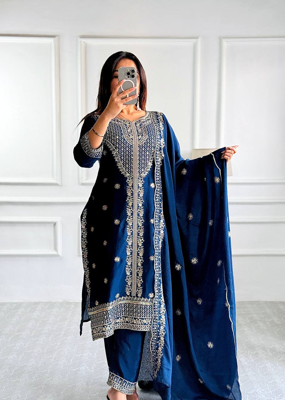 Royal Blue Grace: Timeless Embroidery in Ethnic Elegance