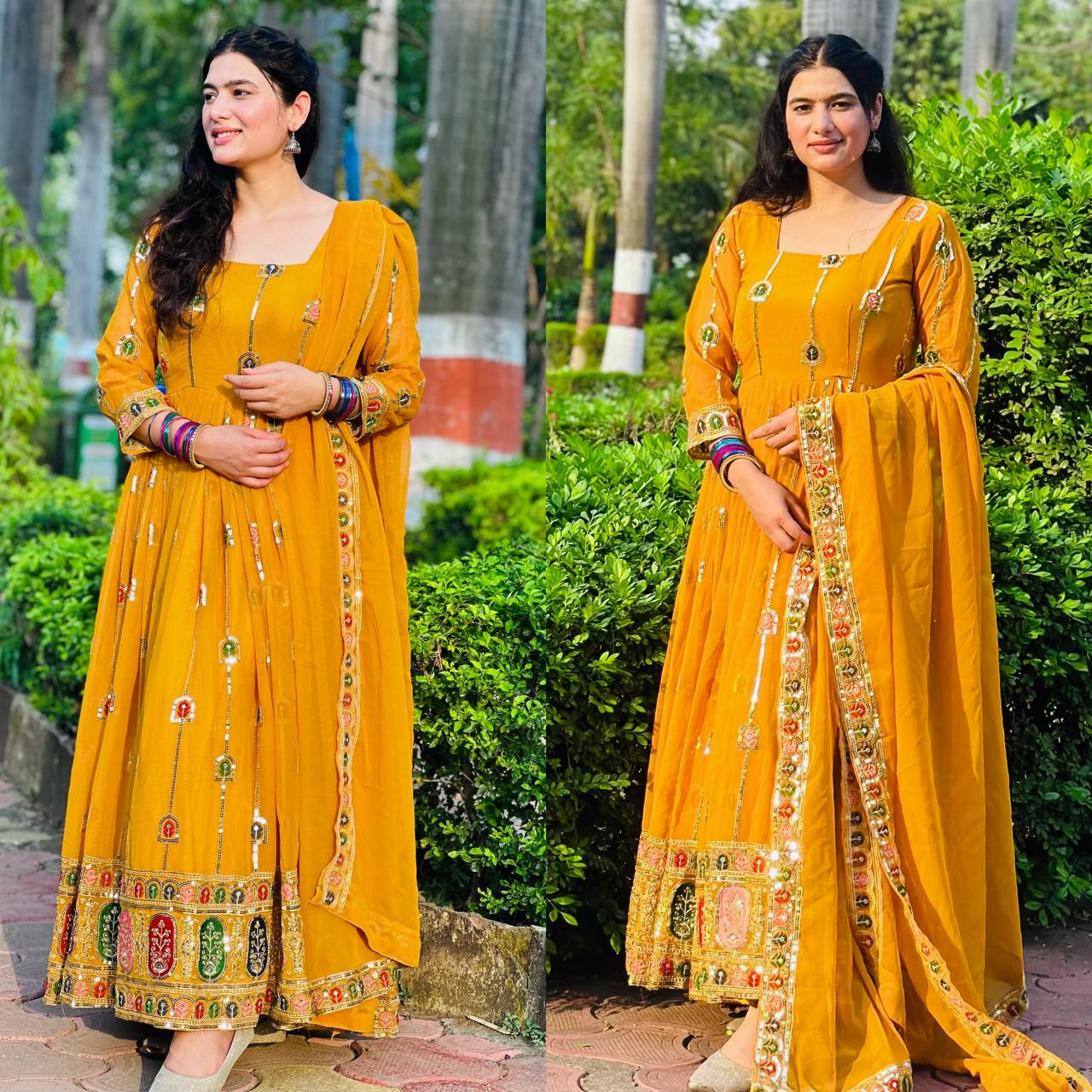 Yellow Faux Georgette with Embroidery Zari Sequins Gown With Dupatta