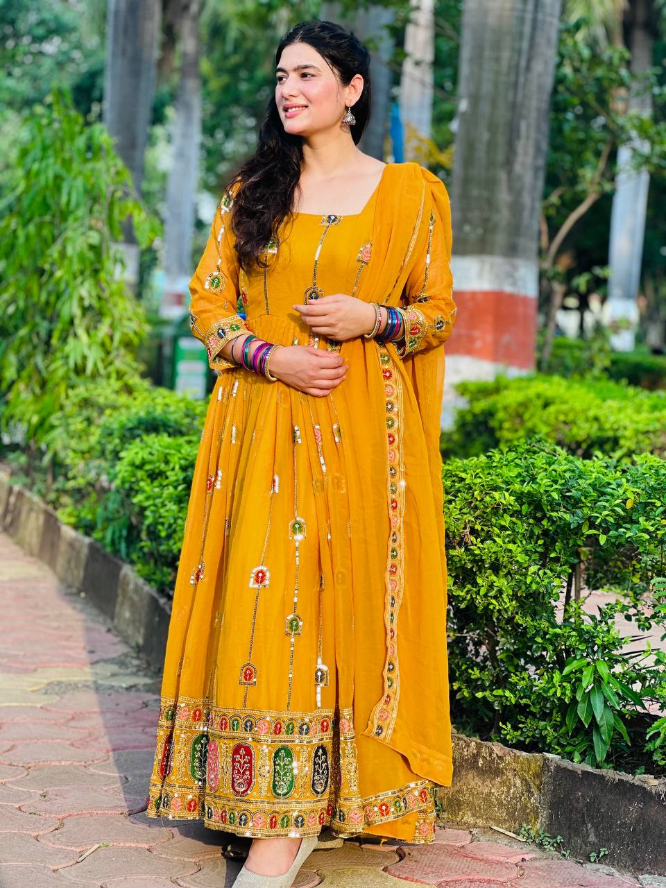 Yellow Faux Georgette with Embroidery Zari Sequins Gown With Dupatta