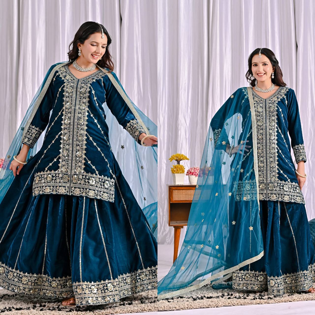 Elegance in Deep Blue Velvet Attire