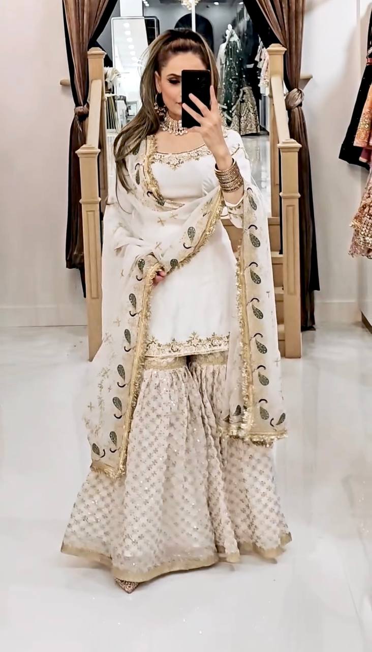 Elegant White Sharara with Golden Embellishments