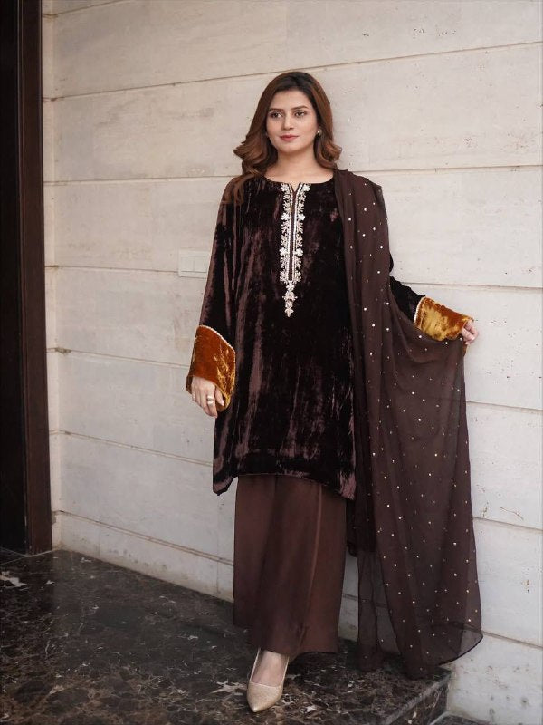 Chic Brown Velvet Outfit with Embroidery