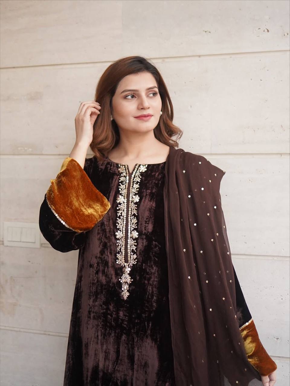Chic Brown Velvet Outfit with Embroidery
