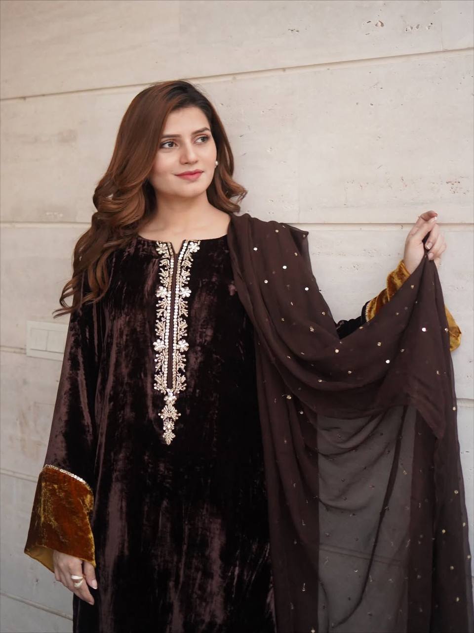 Chic Brown Velvet Outfit with Embroidery