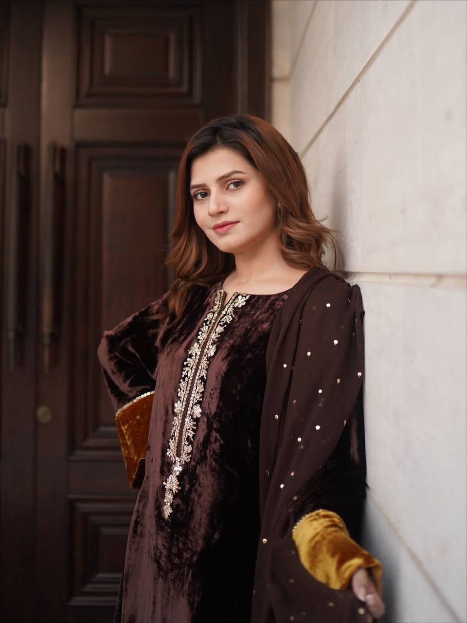 Chic Brown Velvet Outfit with Embroidery