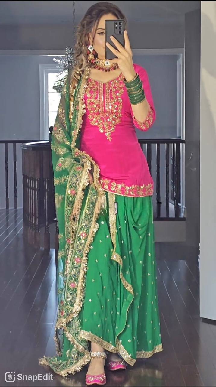 Pink and Green New Designer Party Wear Look Top Dhoti Skirt and Dupatta Set