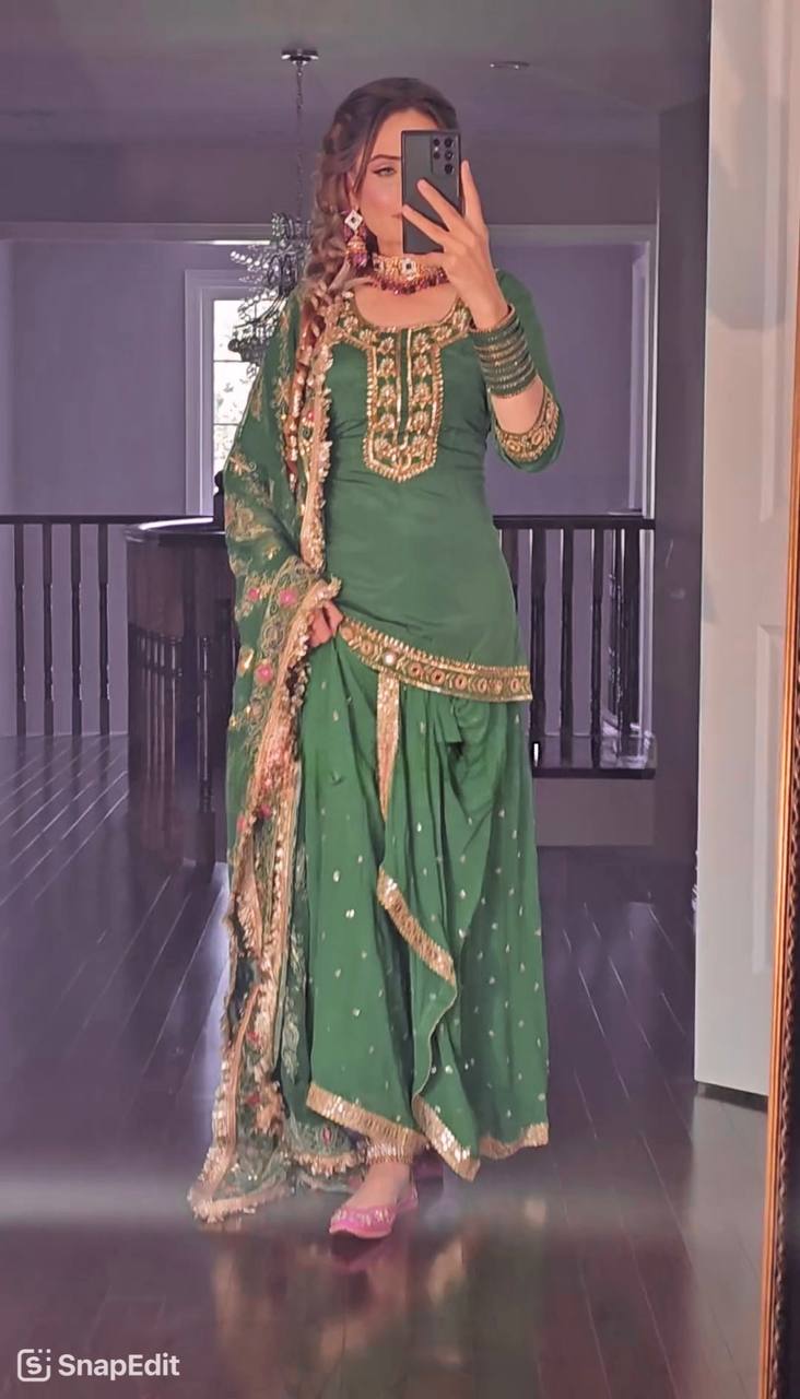 Green New Designer Party Wear Look Top Dhoti Skirt and Dupatta Set