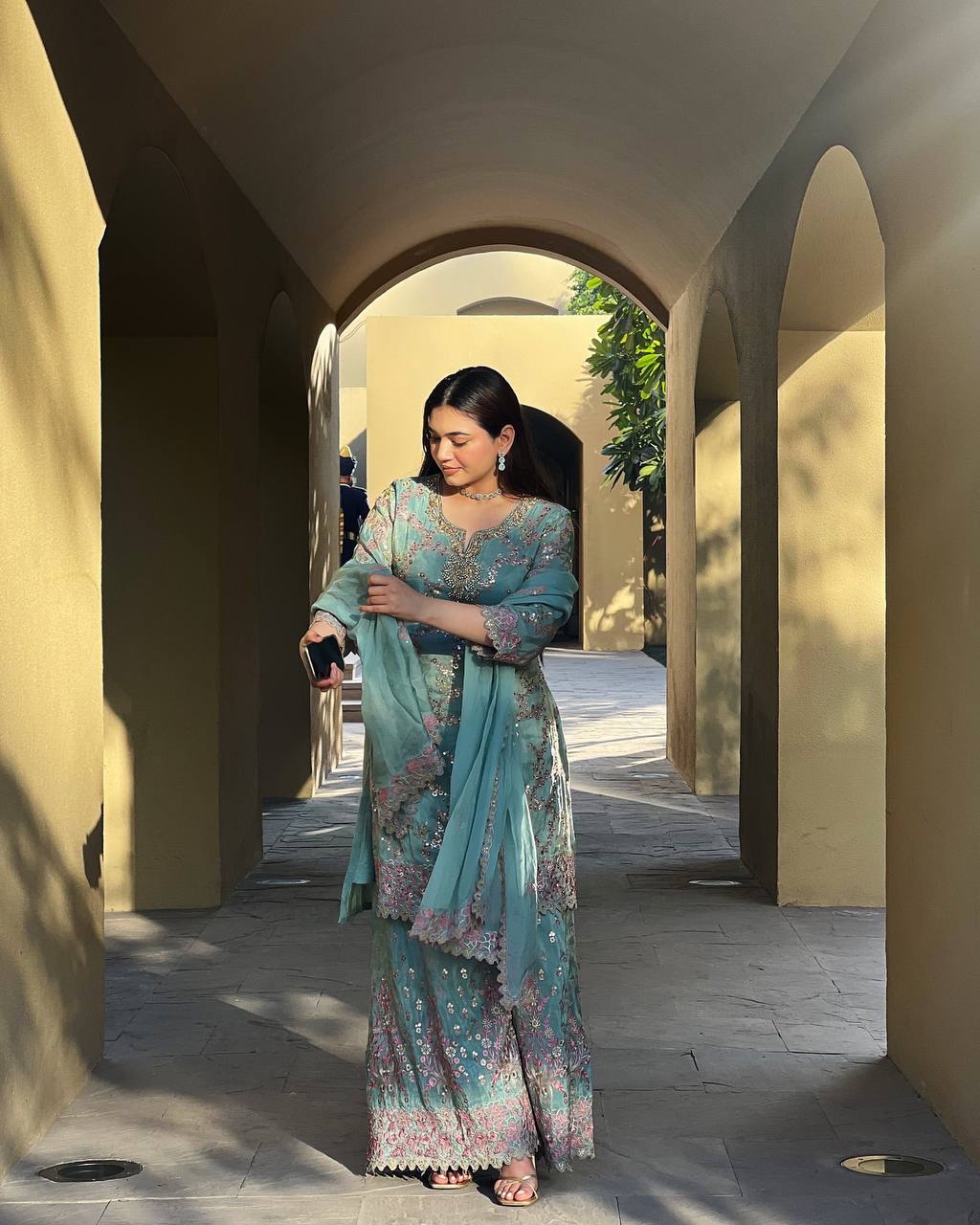 Elegant Teal Gharara Suit with Pink Embroidery