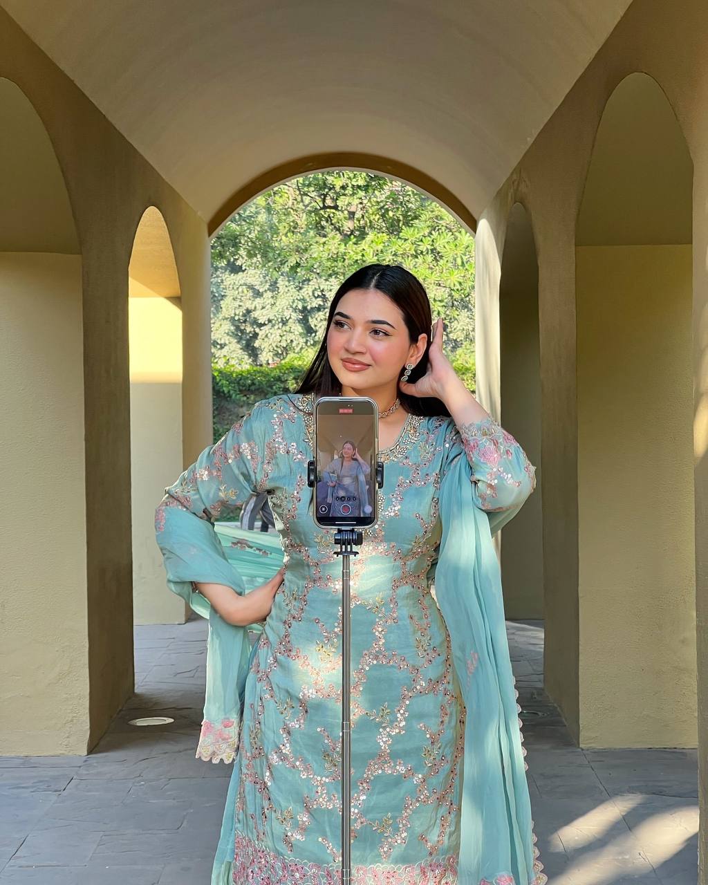 Elegant Teal Gharara Suit with Pink Embroidery