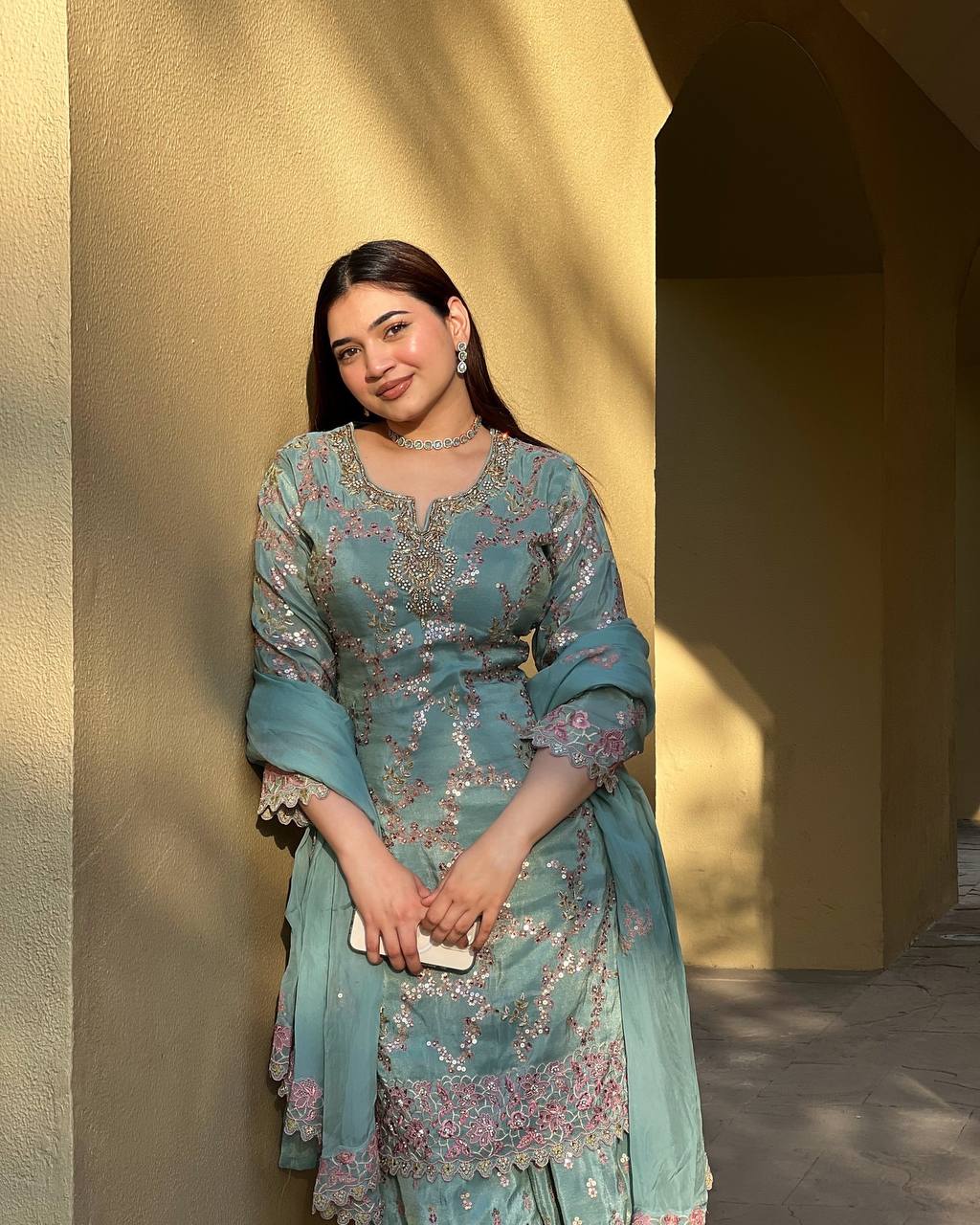 Elegant Teal Gharara Suit with Pink Embroidery