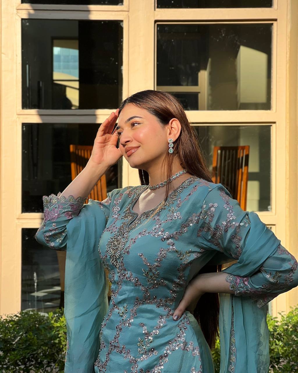 Elegant Teal Gharara Suit with Pink Embroidery