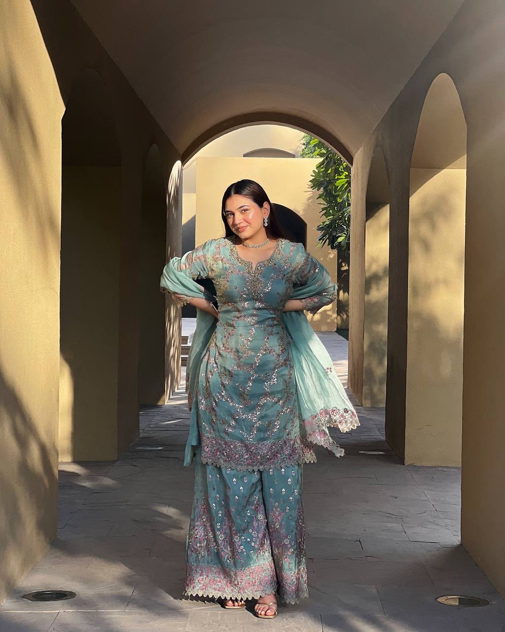 Elegant Teal Gharara Suit with Pink Embroidery