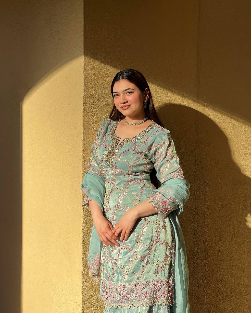 Elegant Teal Gharara Suit with Pink Embroidery