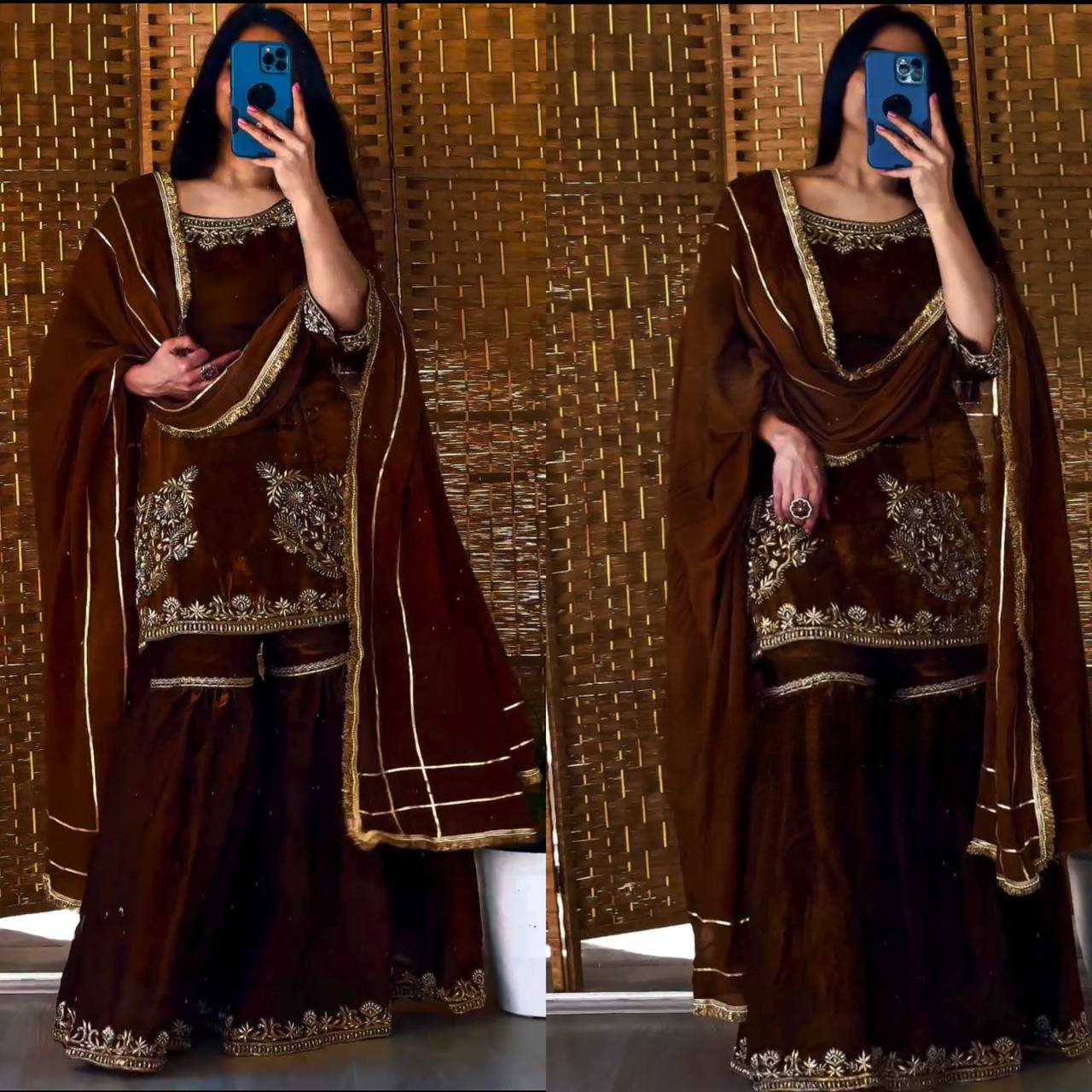 Festive Glamour in Luxurious Brown Fabric