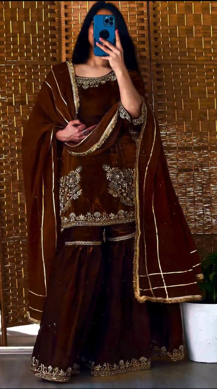 Festive Glamour in Luxurious Brown Fabric
