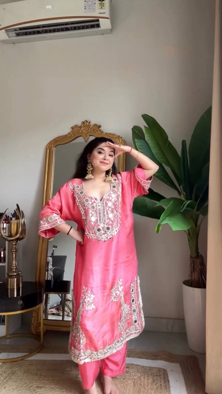 Vibrant Pink Kurta with Intricate Embroidery