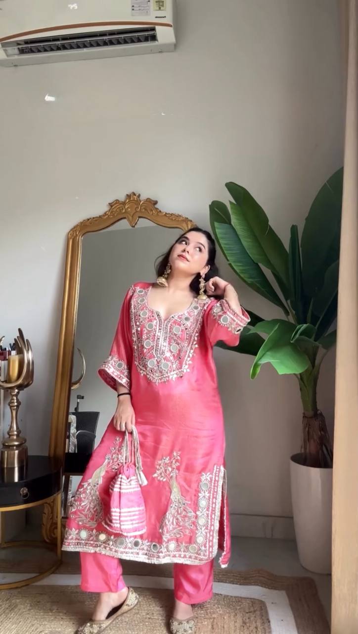 Vibrant Pink Kurta with Intricate Embroidery