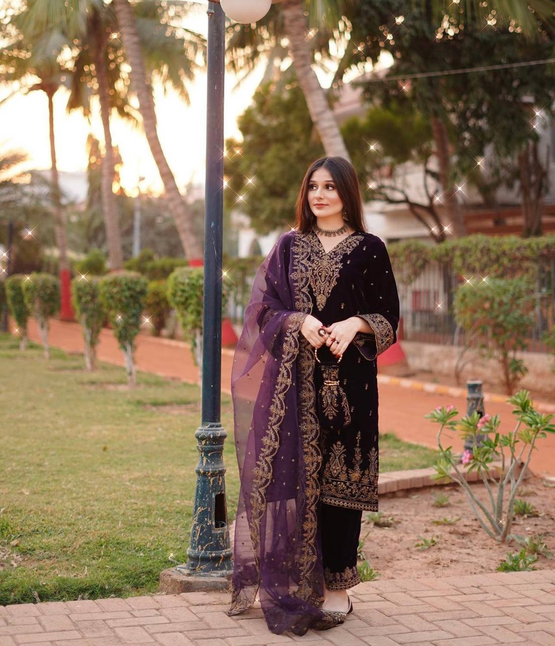 Ready To Wear  Velvet Top -Pent  Dupatta Set