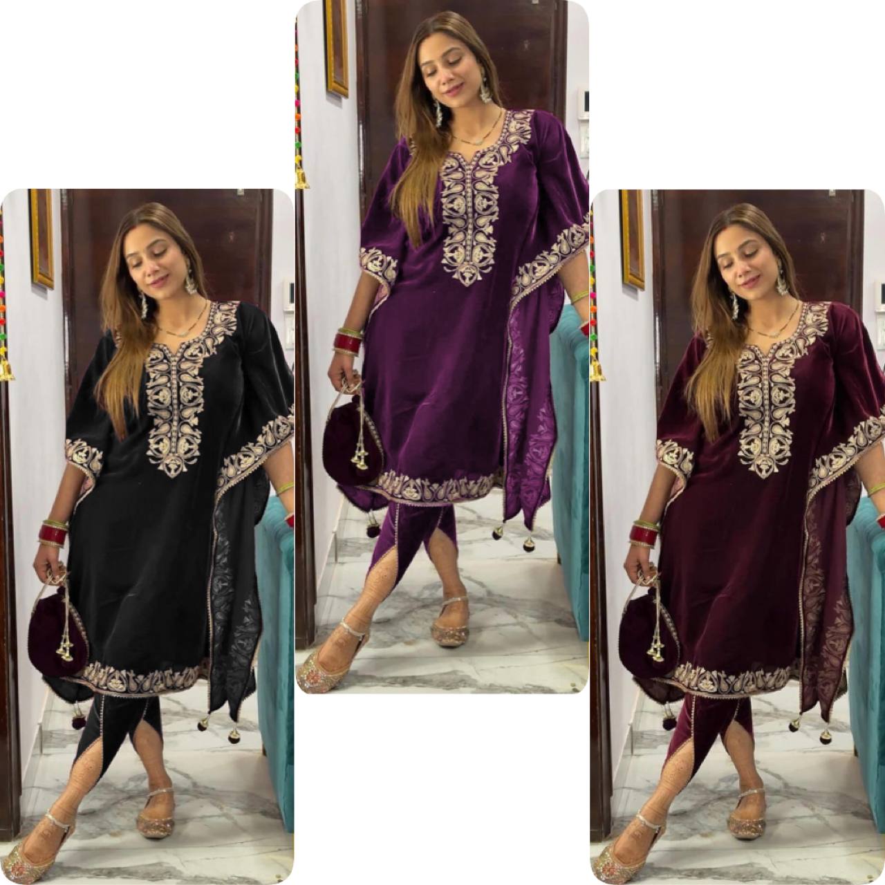 Winter Collection Stunning Embroidery Work Pure Viscous Velvet Kaftan With Dhoti Set