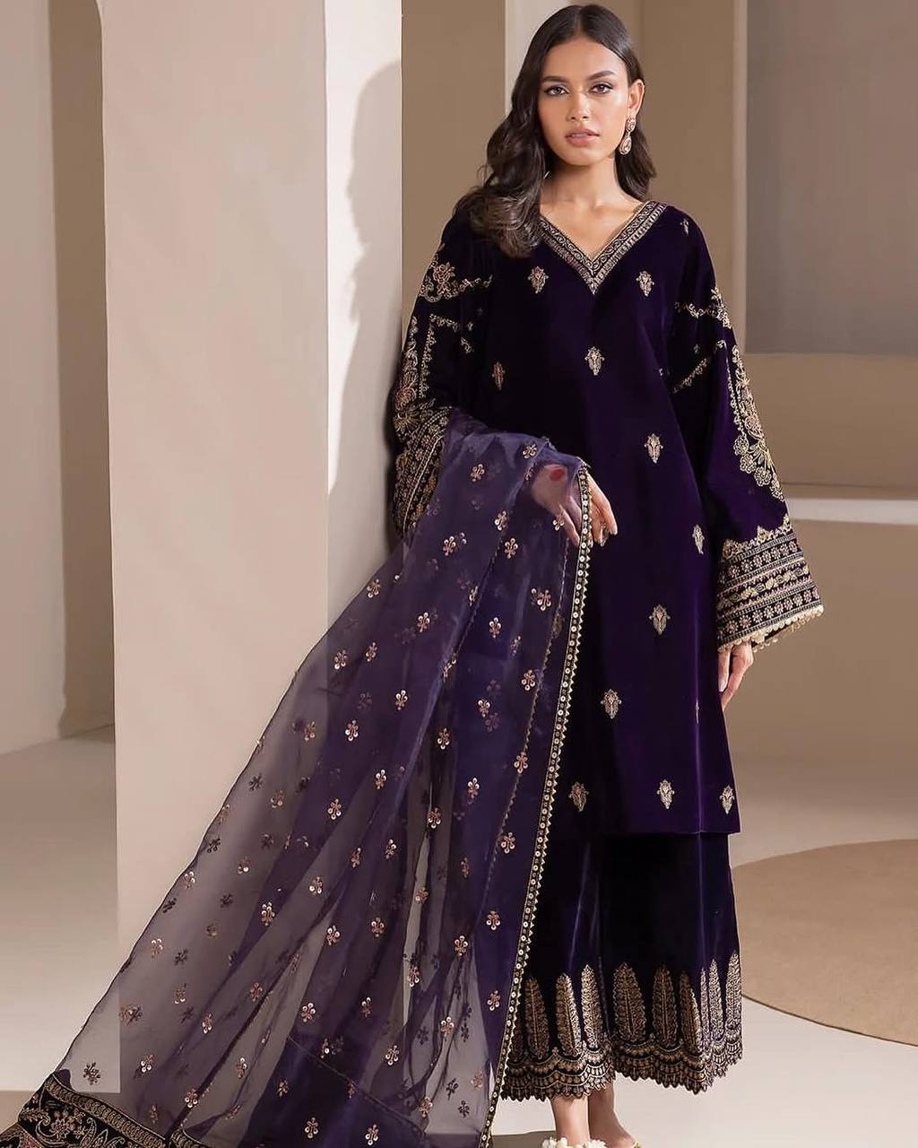 HEAVY VELVET  SEQUENCE EMBROIDERY WORK SUIT