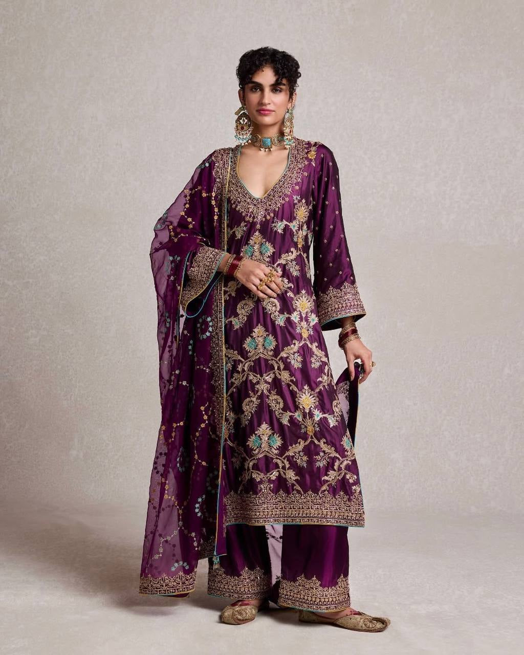 Pure Chinnon Silk And Heavy Embroidery Sequence Work