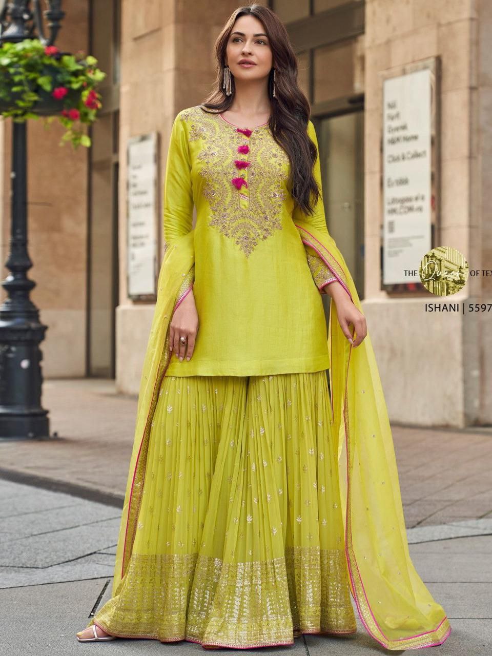 Lime Yellow Sharara Suit with Intricate Embroidery work