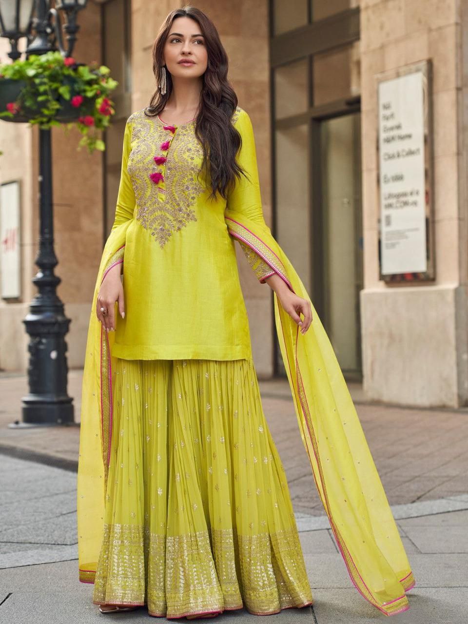 Lime Yellow Sharara Suit with Intricate Embroidery work