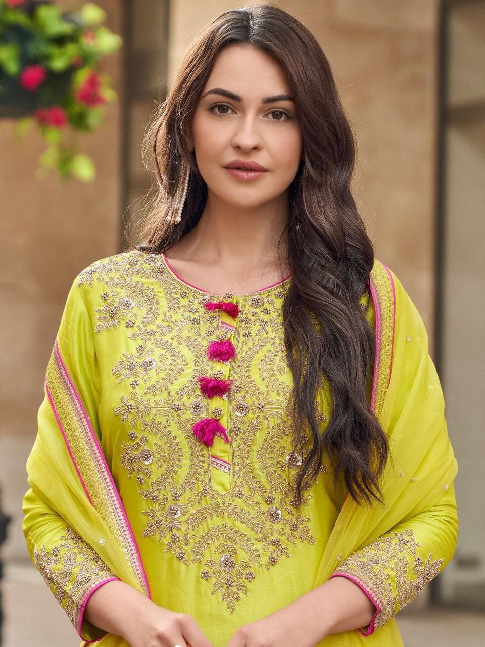 Lime Yellow Sharara Suit with Intricate Embroidery work