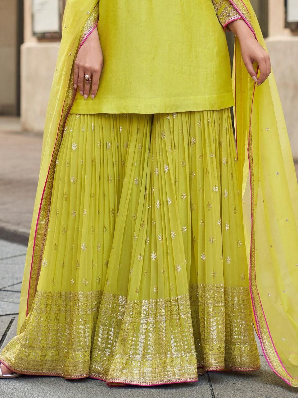 Lime Yellow Sharara Suit with Intricate Embroidery work