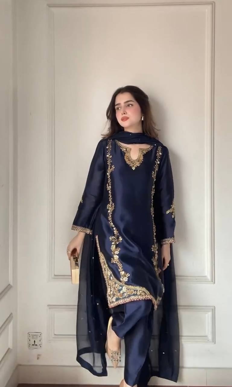 Midnight Blue Zari Bids Hand Work Full Hand Work Suit Set