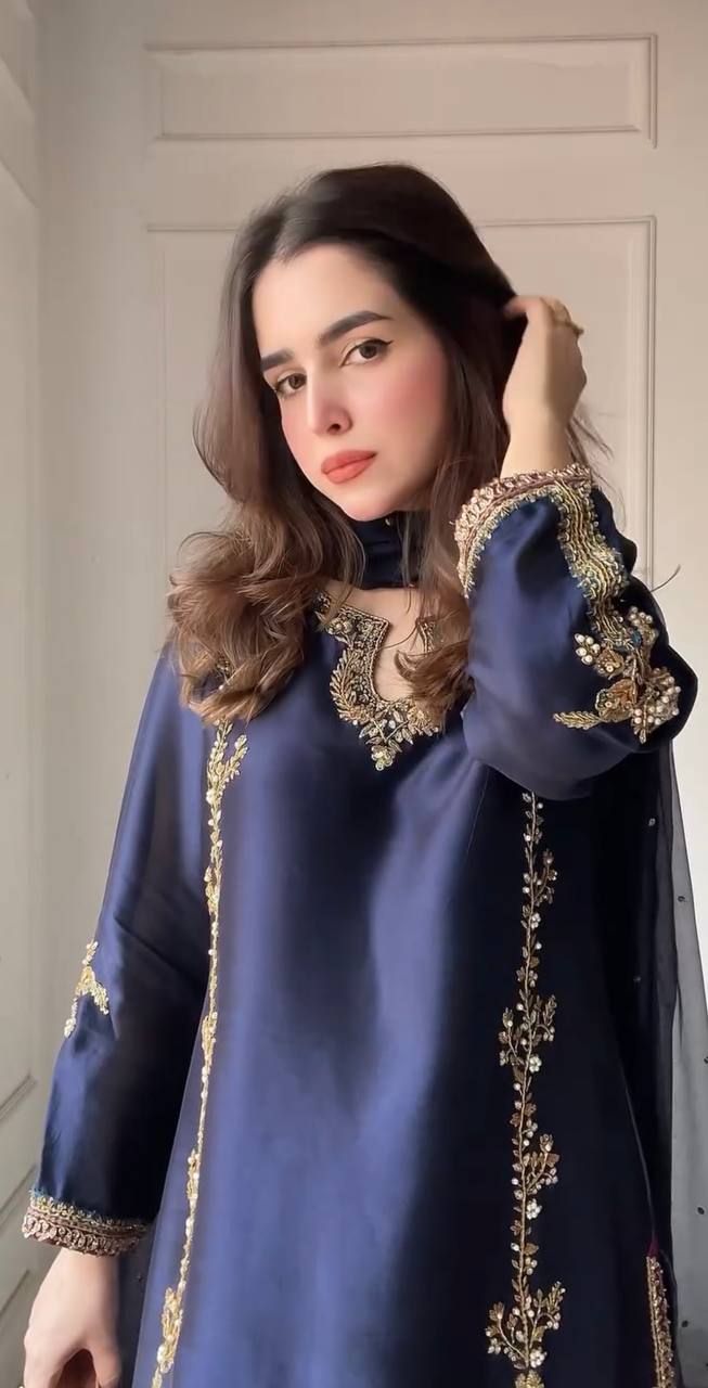 Midnight Blue Zari Bids Hand Work Full Hand Work Suit Set