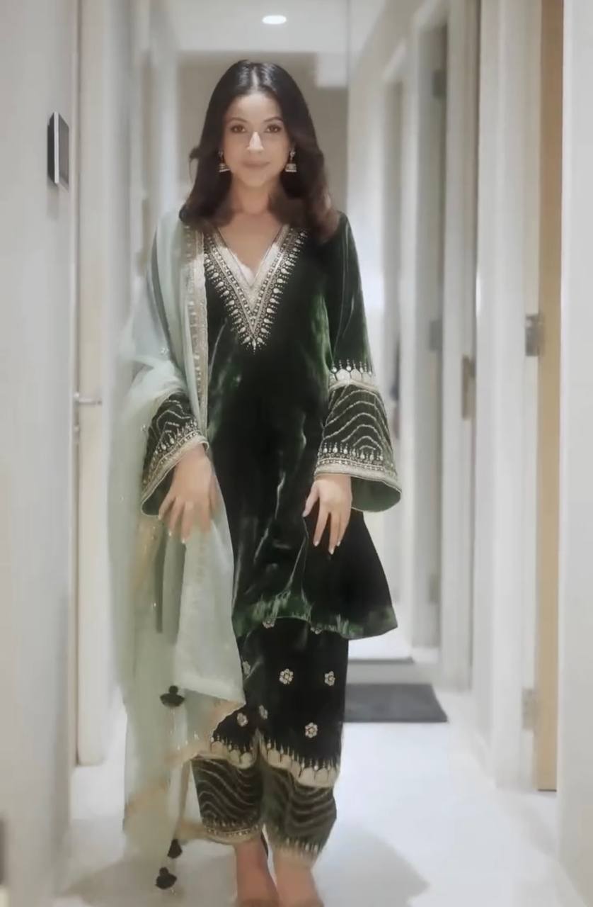 Green Coloured Embroidered Attractive Party Wear Pure Viscose Velvet Silk suit