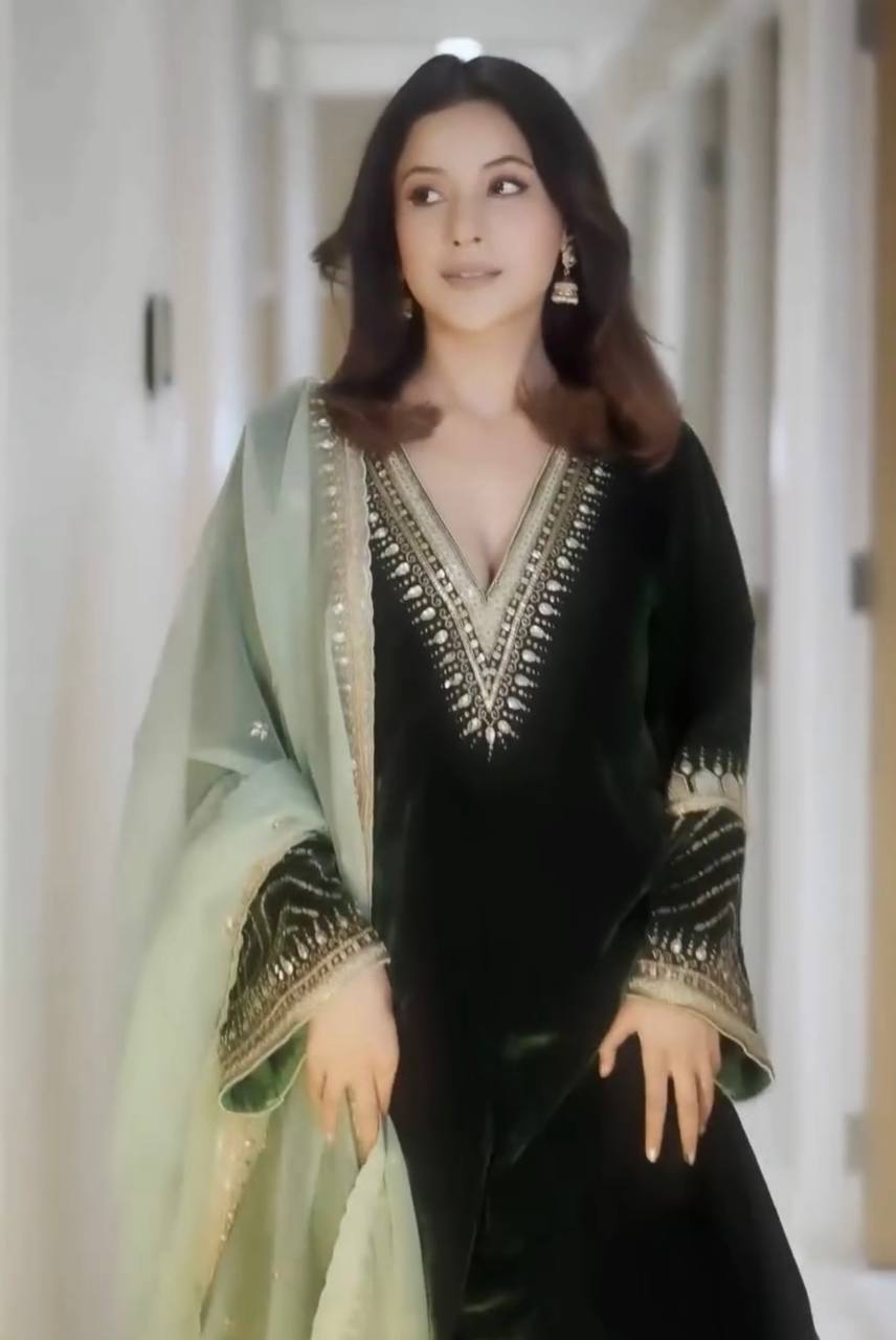 Green Coloured Embroidered Attractive Party Wear Pure Viscose Velvet Silk suit